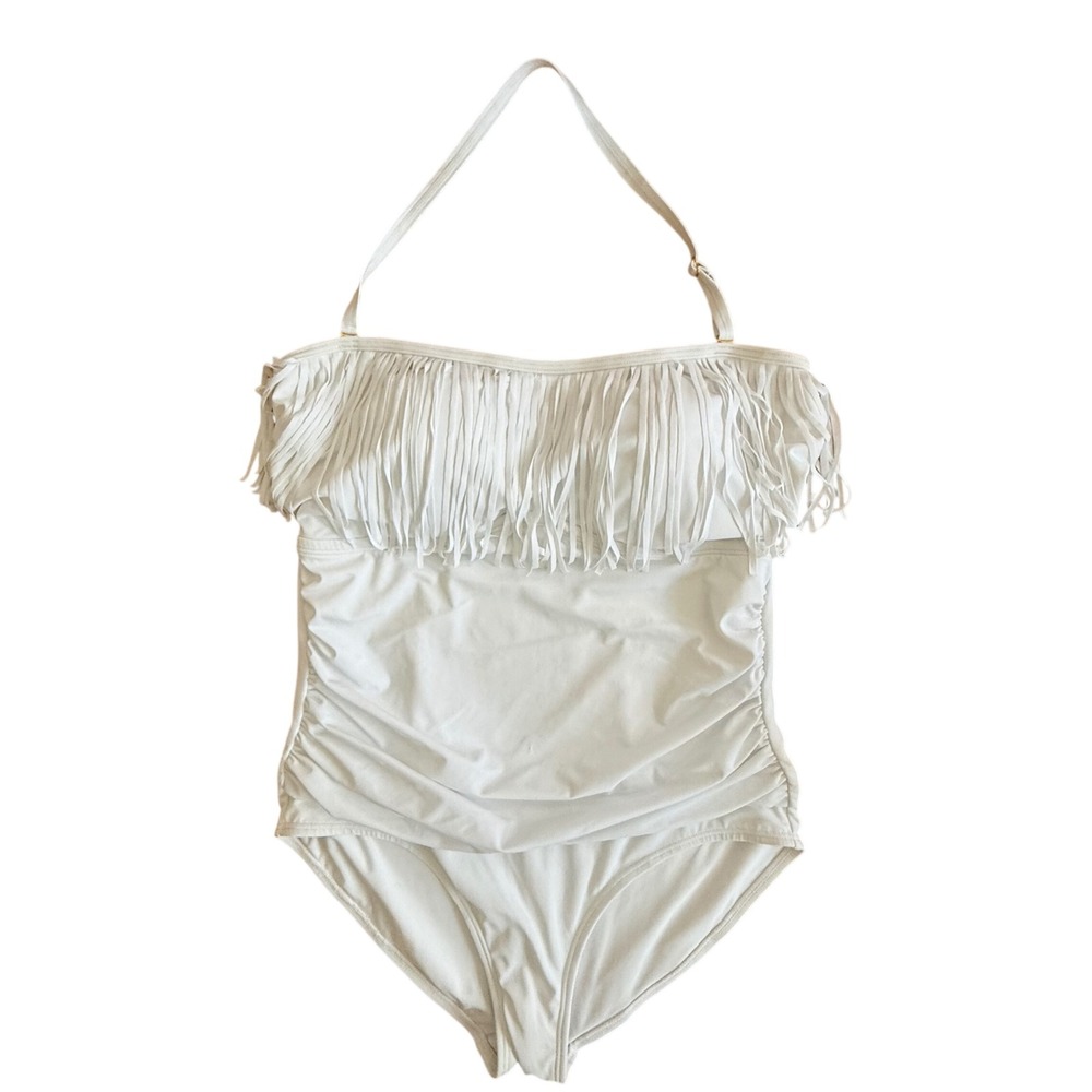 Swimsuits For All Bandeau White Fringe Ruched Boho One Piece Swimsuit 18 NWT